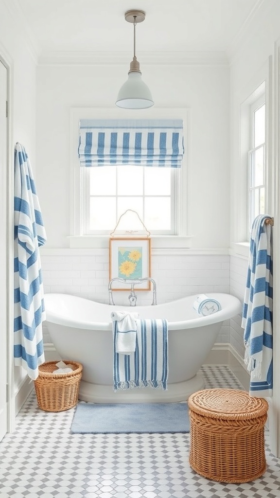A coastal-themed bathroom featuring blue and white striped decor, a freestanding bathtub, and woven baskets.