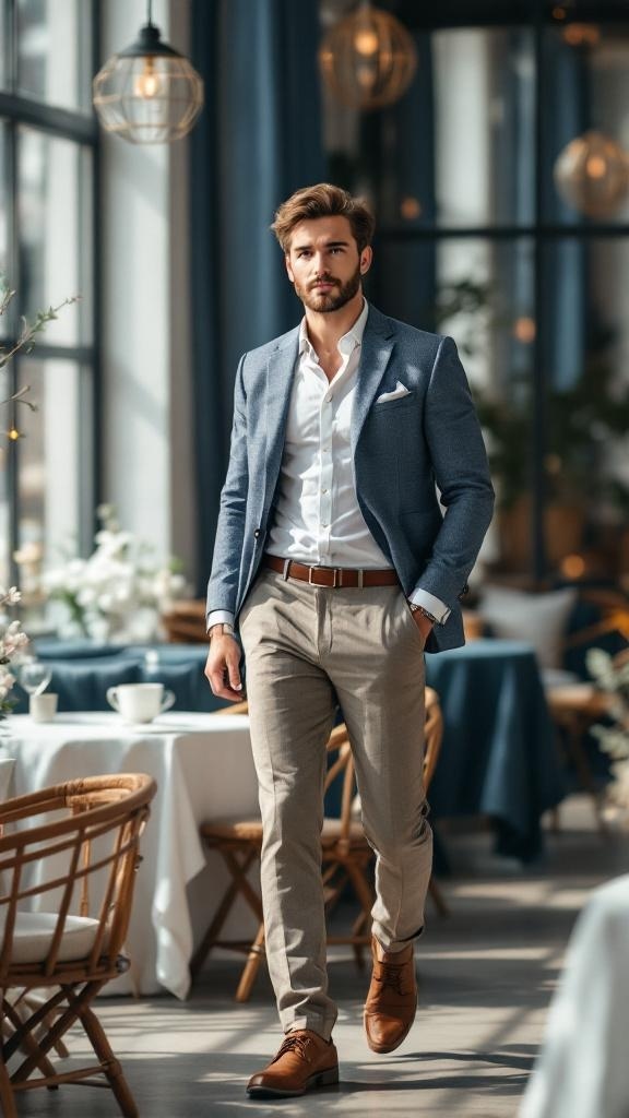 A man in a blue suit walking through a stylish venue, showcasing modern wedding attire.