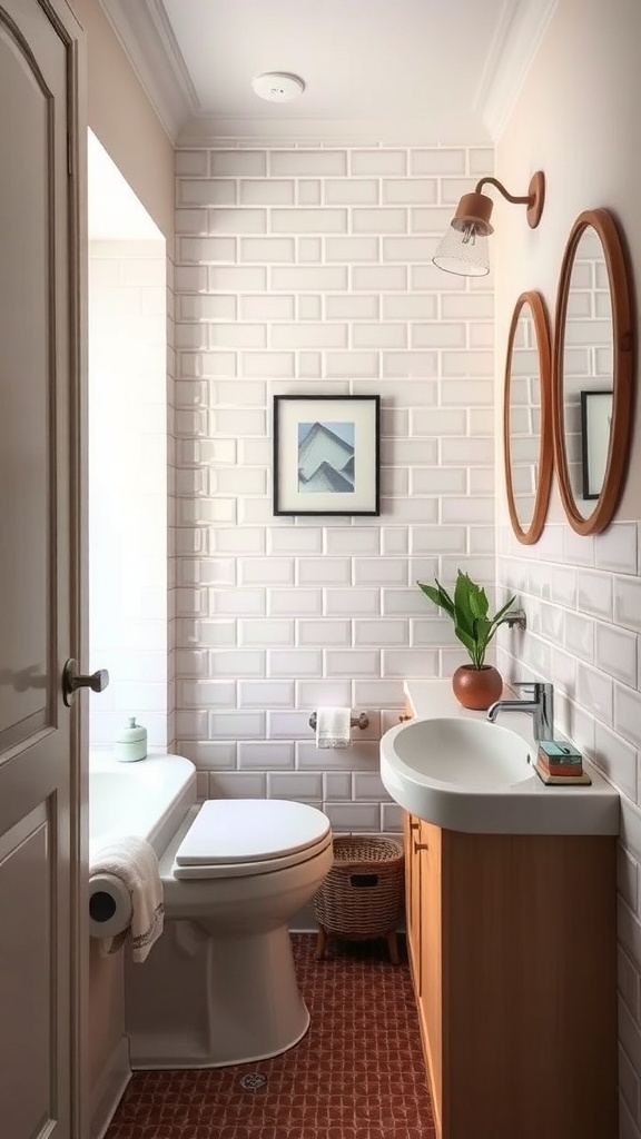 A narrow bathroom featuring white subway tiles, round wooden mirrors, a small green plant, and warm lighting.