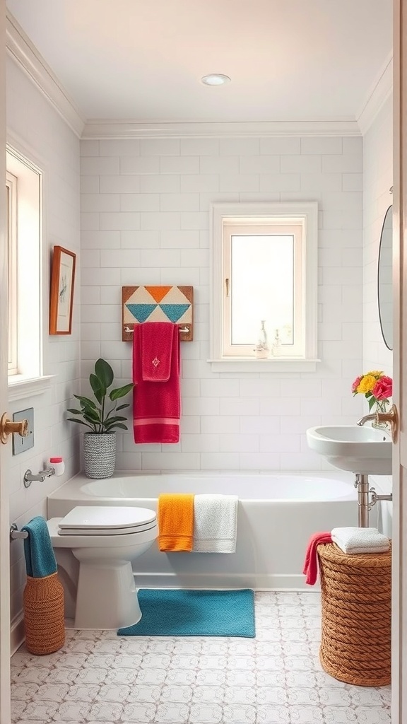 A small bathroom featuring a shower, colorful towels, and a plant.