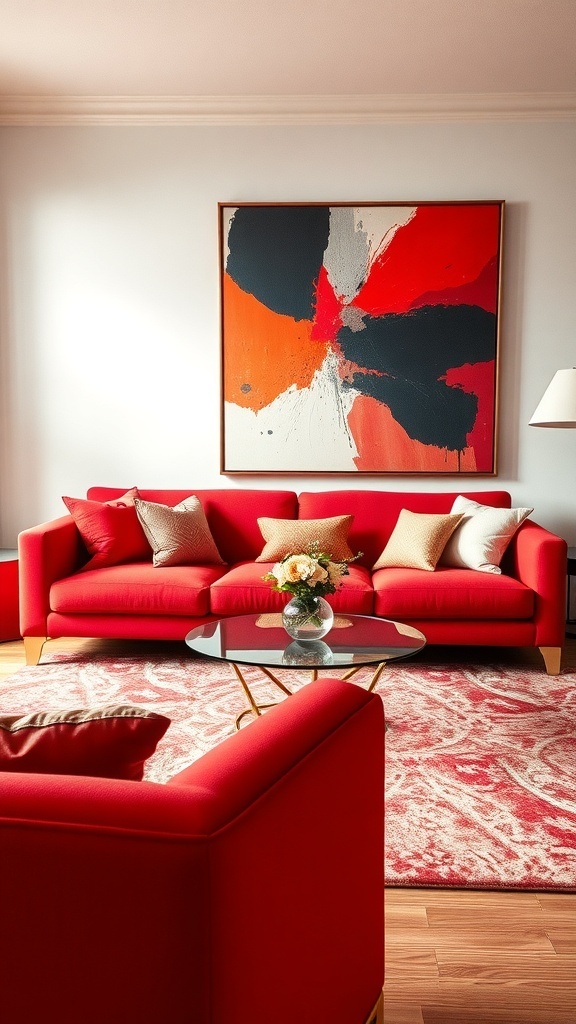 A living room featuring a red couch with bold artwork on the wall, complemented by decorative pillows and a glass coffee table.