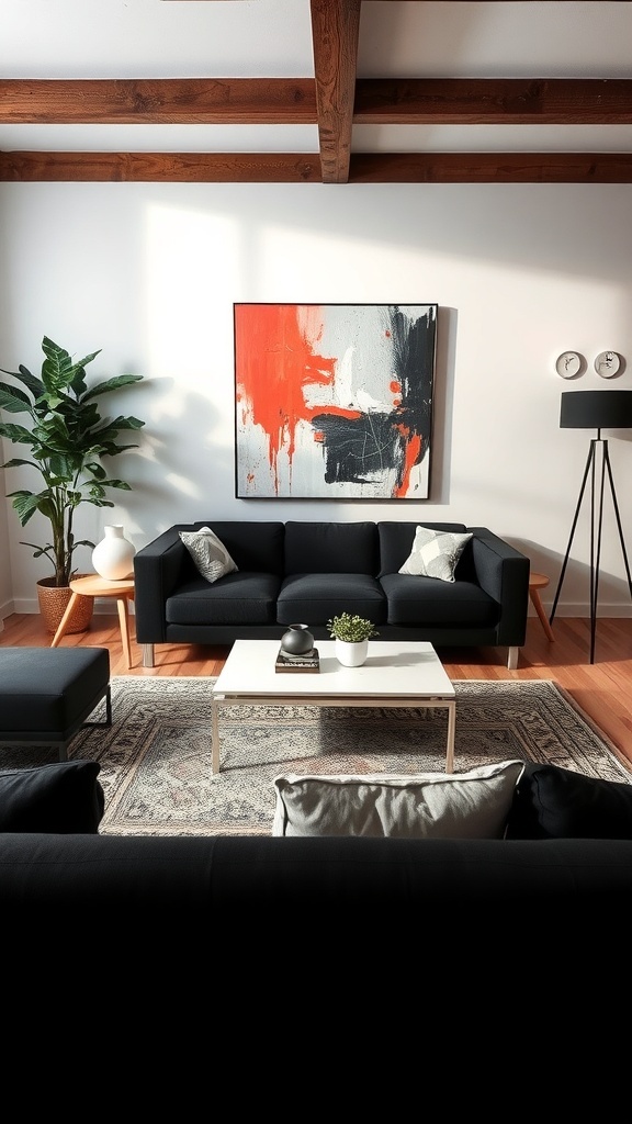 A stylish living room featuring a black couch, bold artwork, and modern decor.