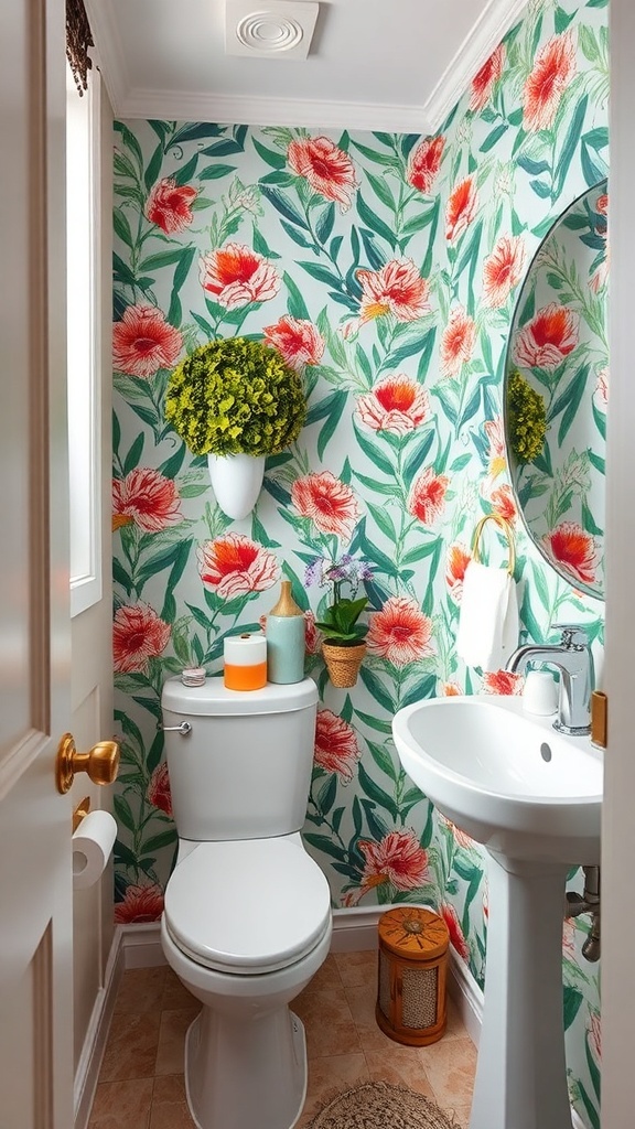 A small half bathroom featuring bold floral wallpaper, a round mirror, and decorative plants.