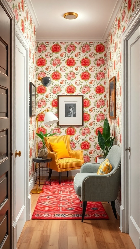 A small hallway with bold floral wallpaper, featuring a yellow chair, a gray chair, and decorative plants.