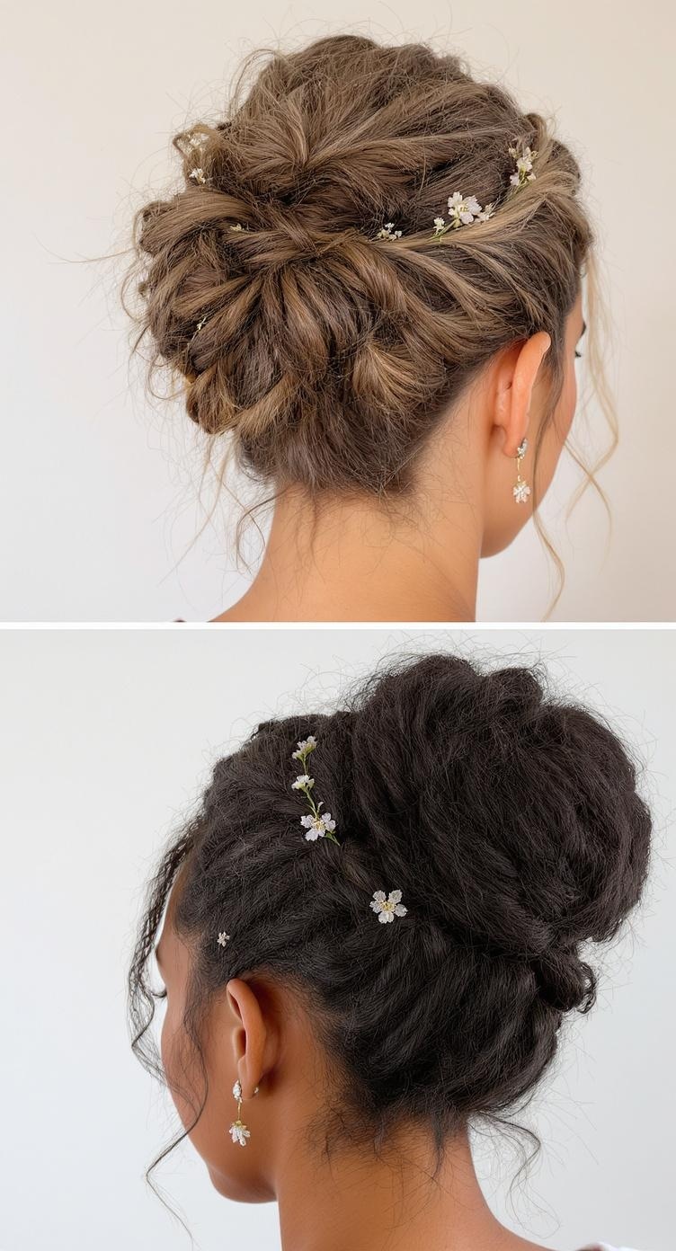 Two variations of messy buns with braids and floral accents.