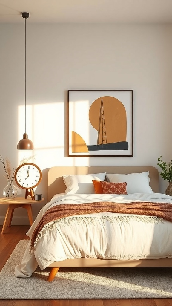 A cozy modern bedroom featuring brown and orange artwork, soft bedding, and wooden furniture.