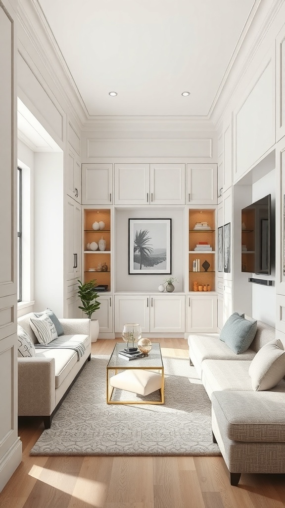 A narrow living room with built-in shelves and light-colored furniture.