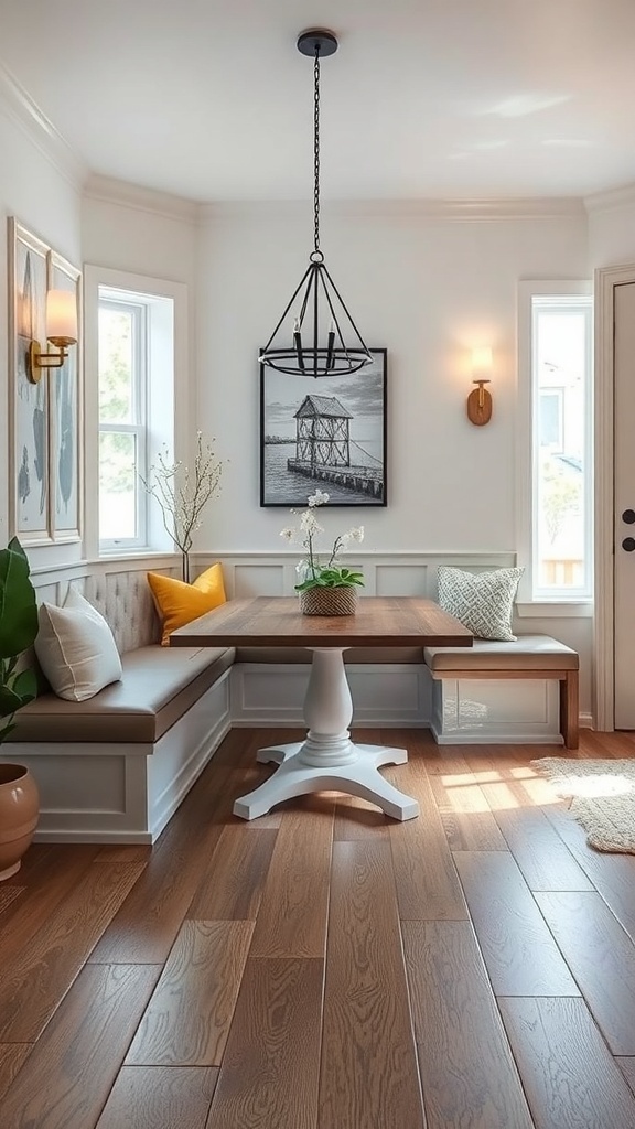 Cozy small dining room with built-in seating, a wooden table, and decorative pillows.