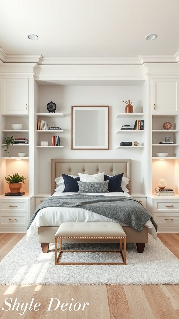 A small guest bedroom featuring built-in shelving around the bed, showcasing books and decorative items, with a cozy and inviting atmosphere.