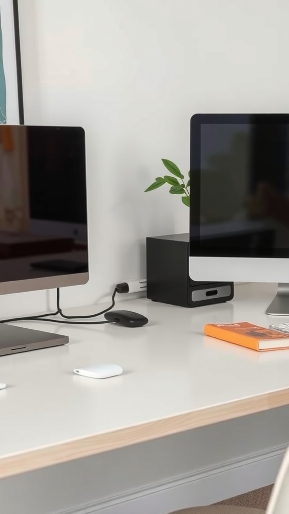 A clean desk setup featuring two monitors, a mouse, and a cable management box.