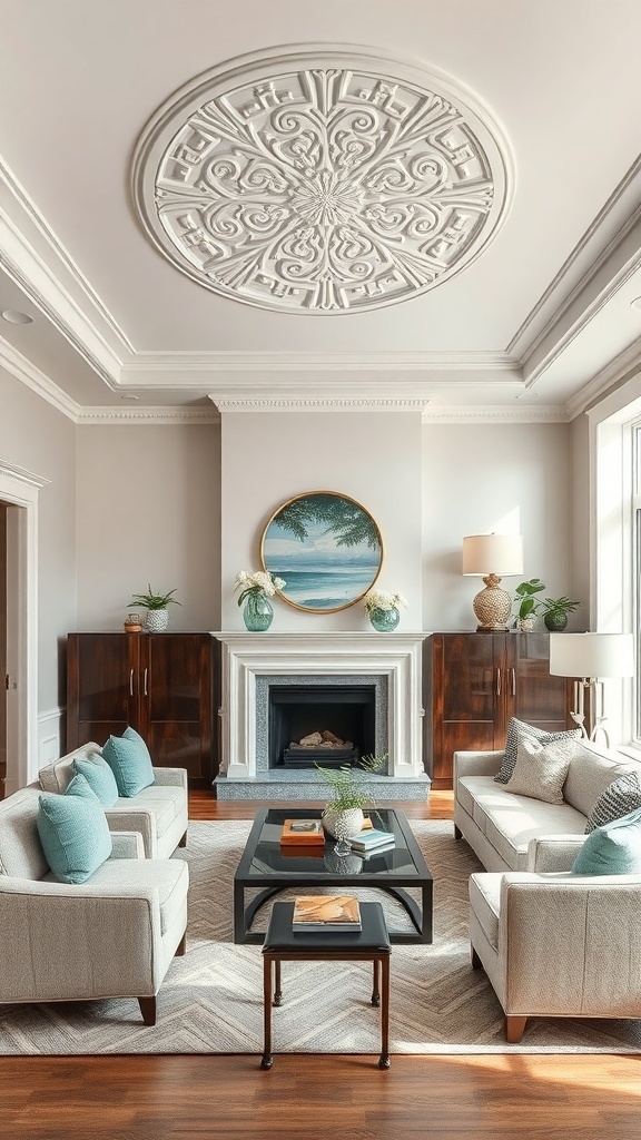 A beautifully decorated living room featuring a detailed white ceiling medallion over a cozy seating arrangement.