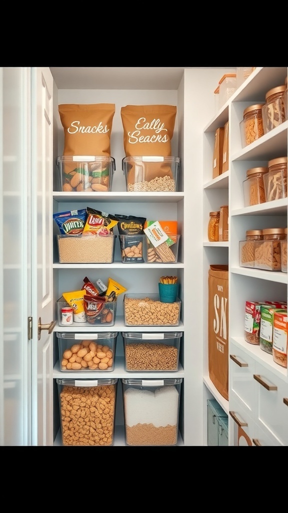 A narrow pantry organized with clear storage bins, labeled for easy access to snacks and cereals.
