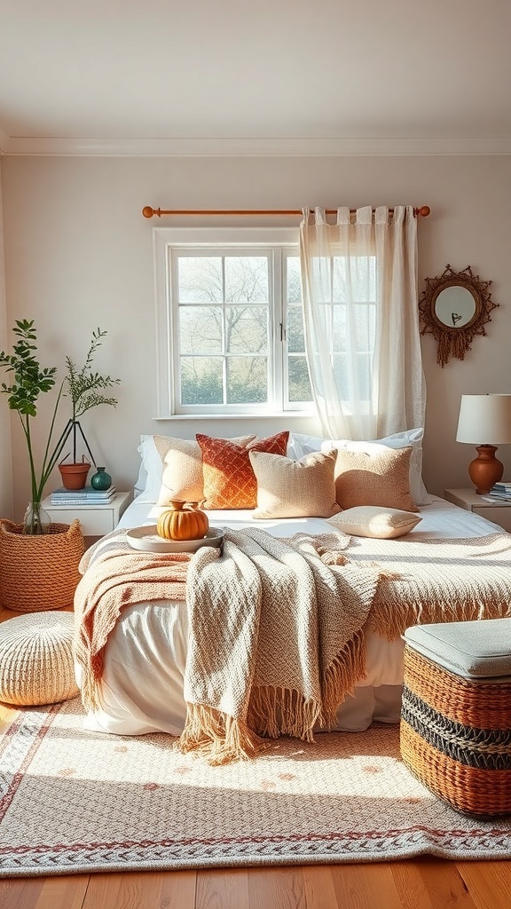 Cozy cottage bedroom with soft blankets, cushions, and natural decor