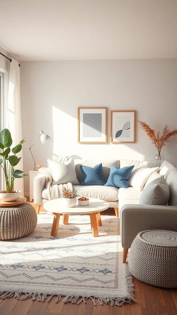 A cozy living room with a light sofa, blue pillows, a round coffee table, and plants, creating a warm and inviting atmosphere.
