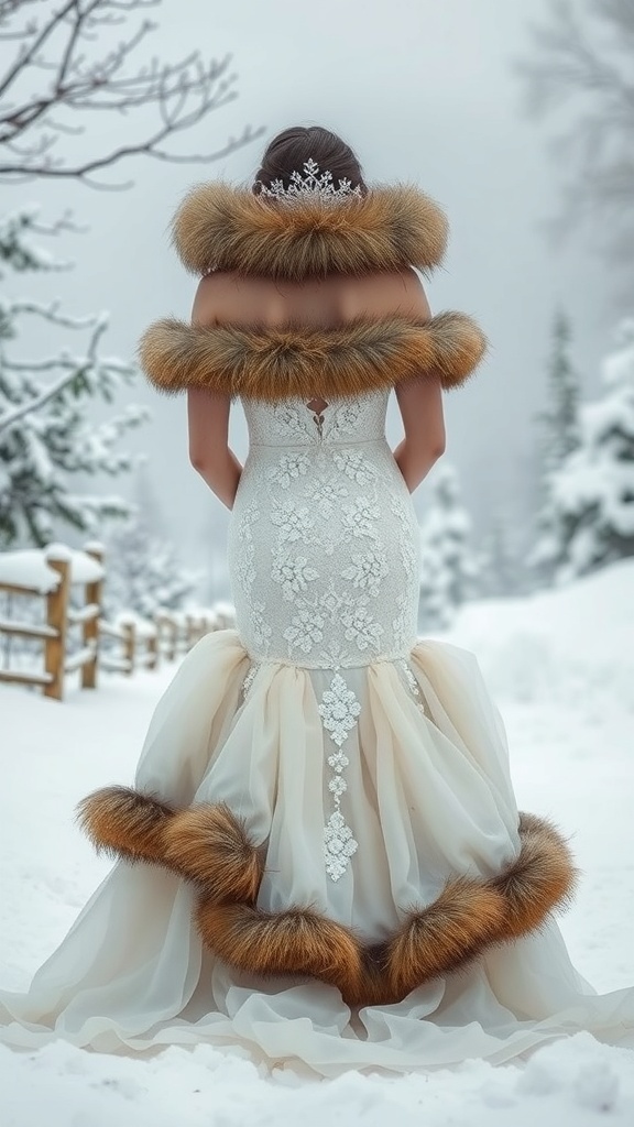 A bride in a winter wedding dress with a fur wrap, standing in a snowy landscape.