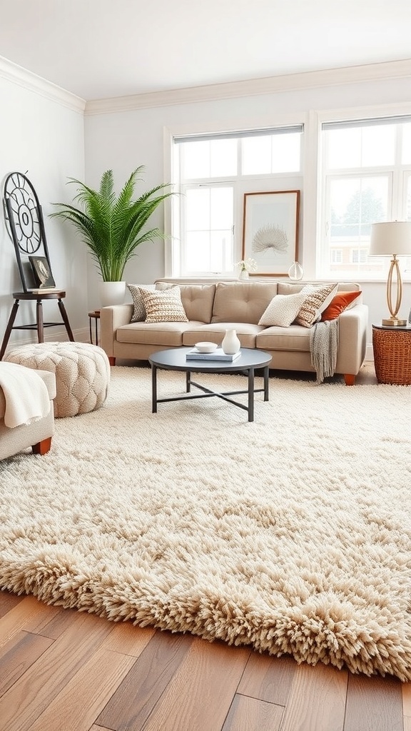 Cozy living room with a fluffy rug, beige sofa, and plants.