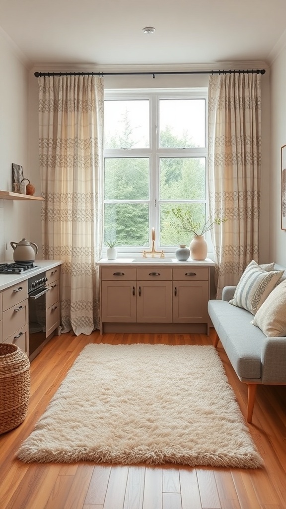 A cozy kitchen with soft curtains, a fluffy rug, and a comfortable seating area.