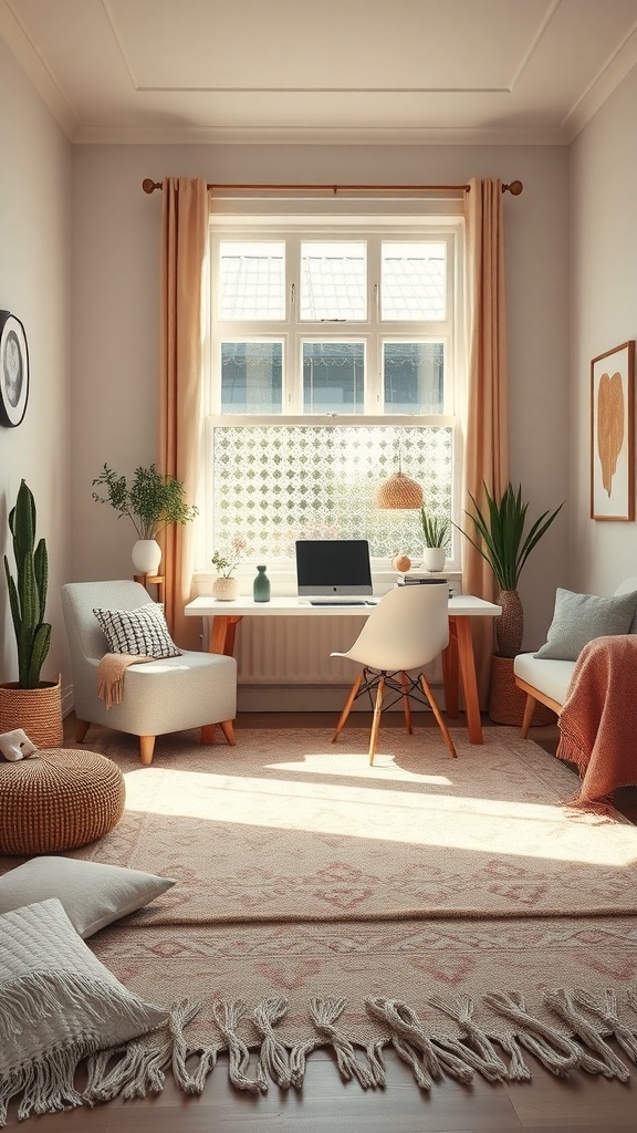 A cozy home office with soft textiles, natural light, and plants.