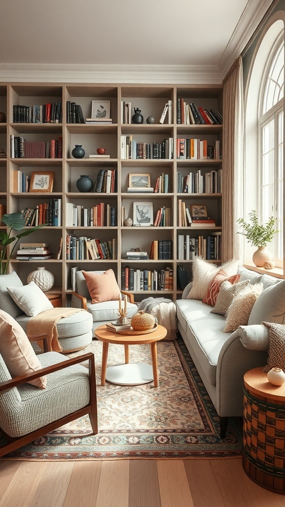 A cozy home library featuring a light sofa with cushions, a wooden coffee table, and a large bookshelf filled with books.