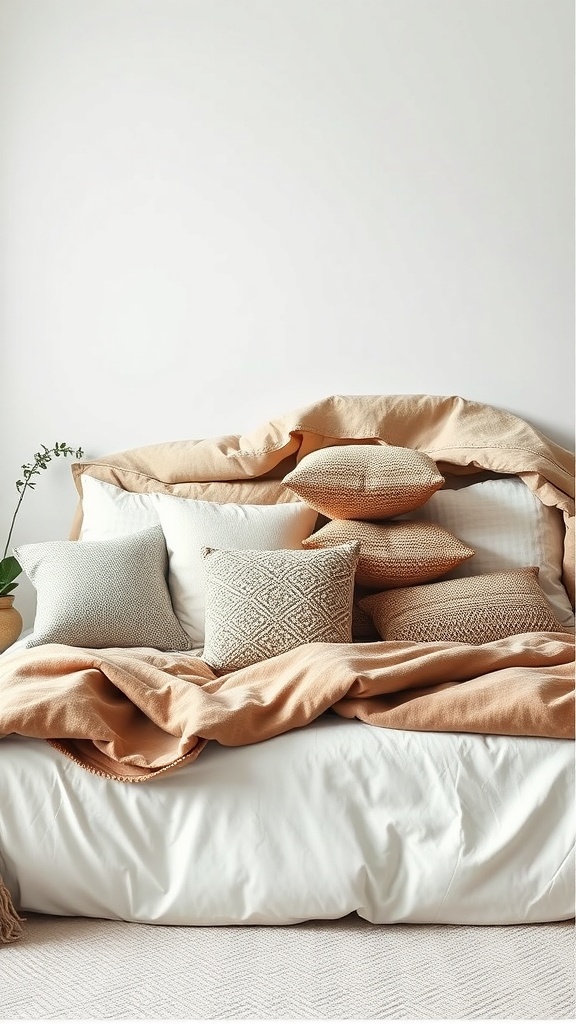 A cozy bed with various cushions and a warm blanket, creating a comfortable atmosphere.