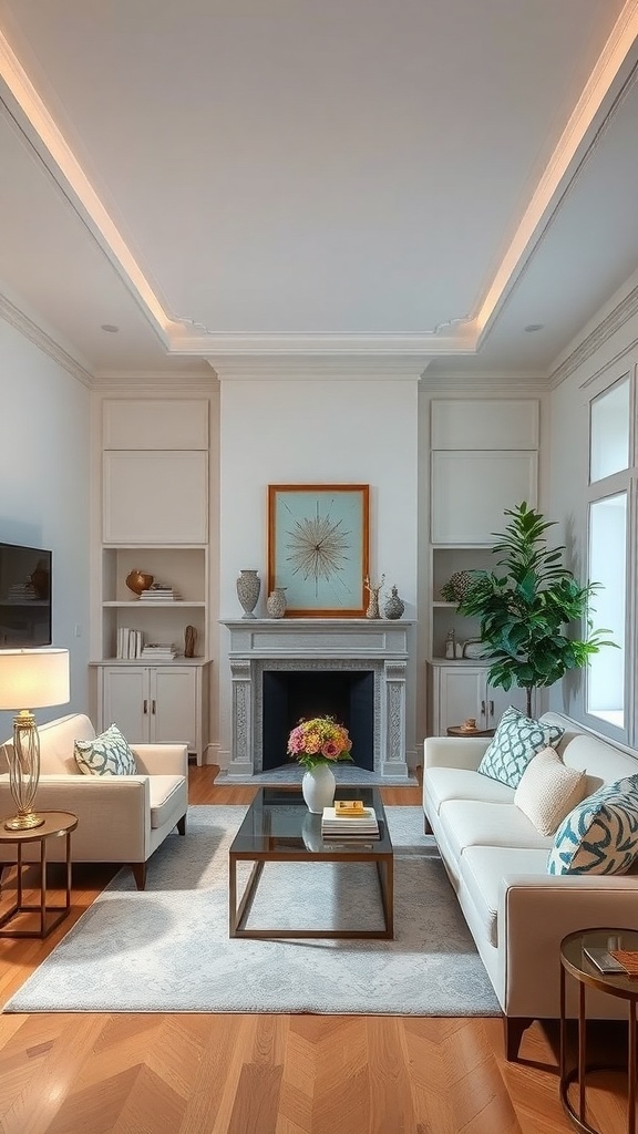 Elegant living room showcasing low ceiling with crown molding and stylish furniture