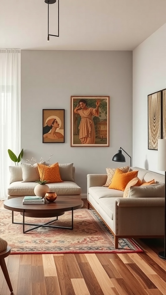 A cozy living room featuring cultural elements such as framed art, vibrant cushions, and a patterned rug.