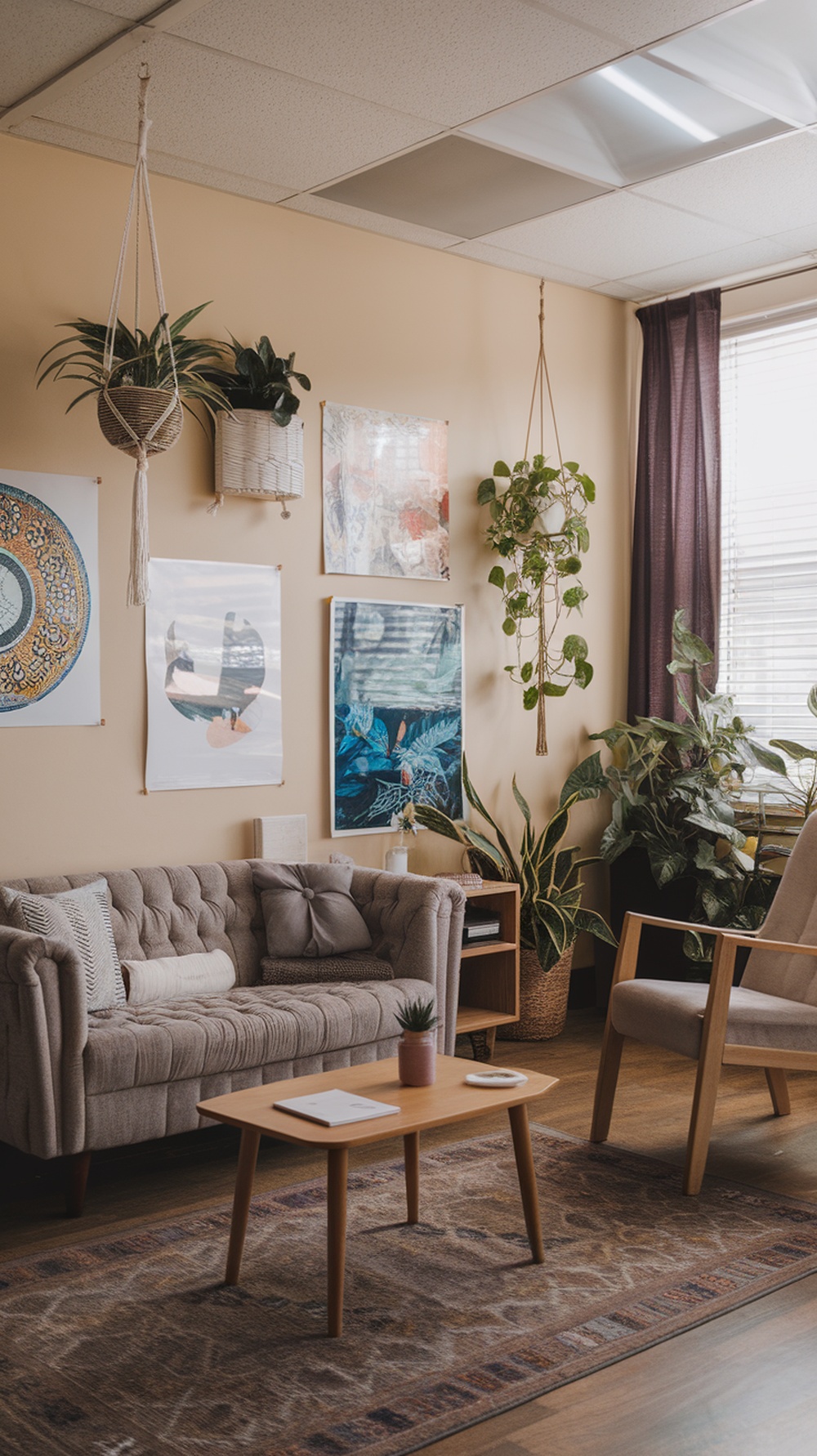 A cozy therapist office with a sofa, plants, and cultural art on the walls.