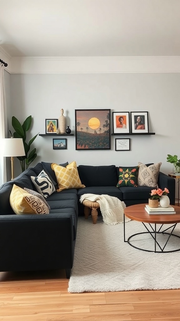 A cozy living room featuring a black sectional couch, colorful throw pillows, cultural wall art, and a round wooden coffee table.