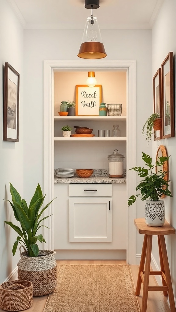 A small walk-in pantry featuring white cabinetry, decorative plants, framed pictures, and a cozy rug.