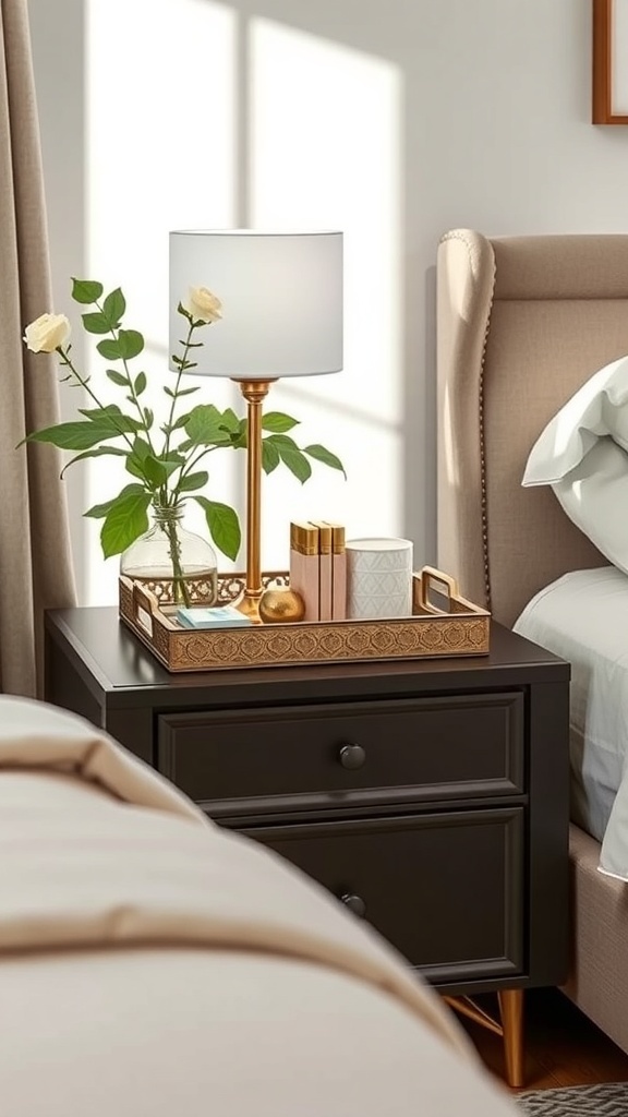 A well-organized nightstand featuring a decorative tray with a lamp, flowers, and books.