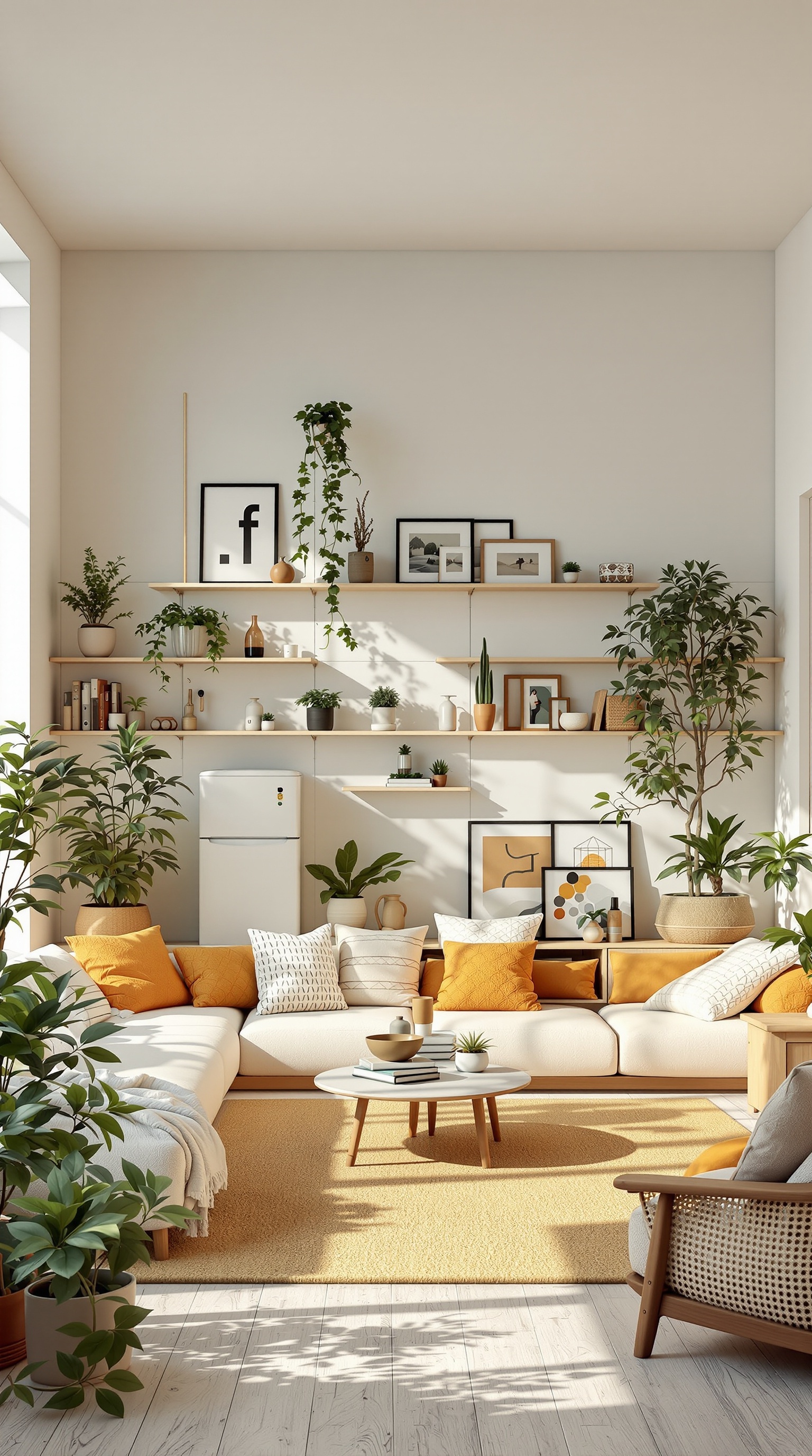 A cozy living room with plants, natural light, and soft colors, showcasing eco-friendly features.