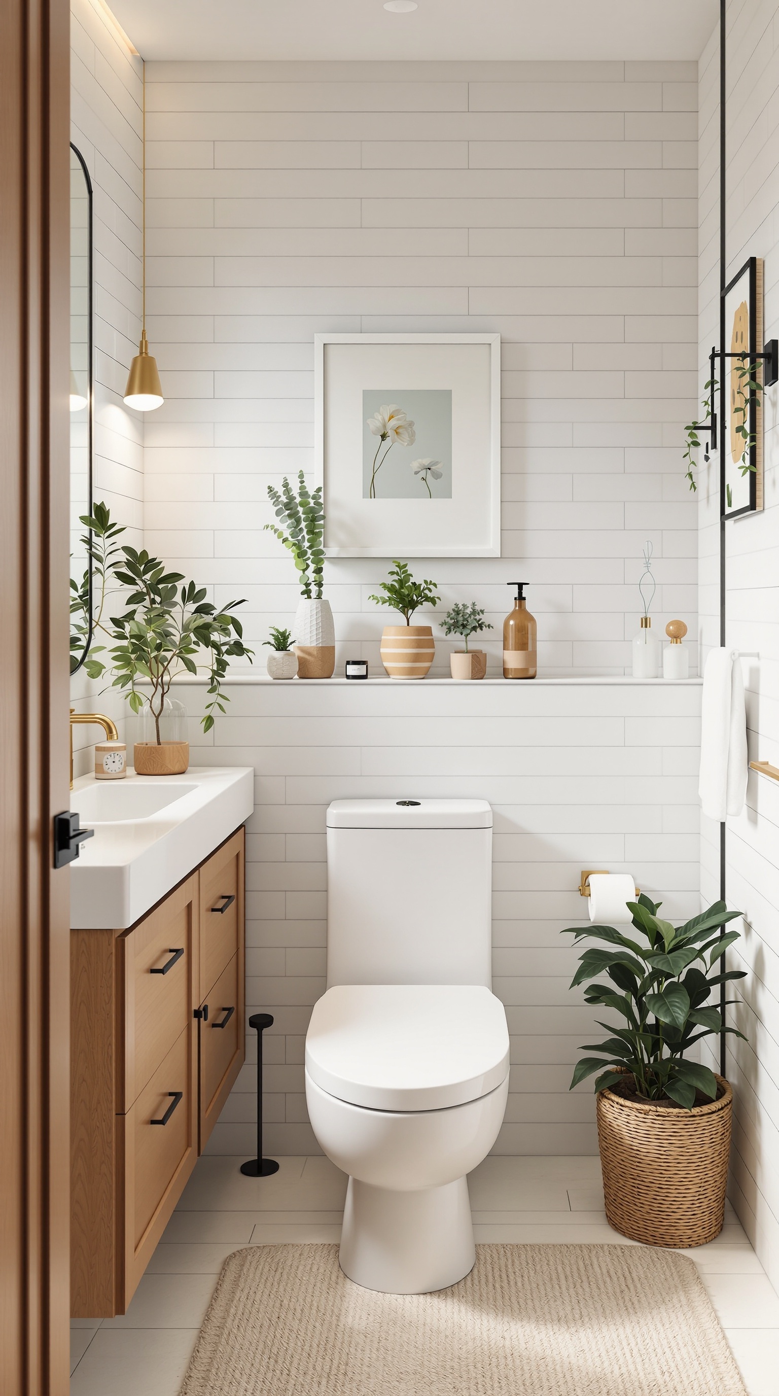 A modern family bathroom featuring plants, wooden cabinetry, and eco-friendly fixtures.
