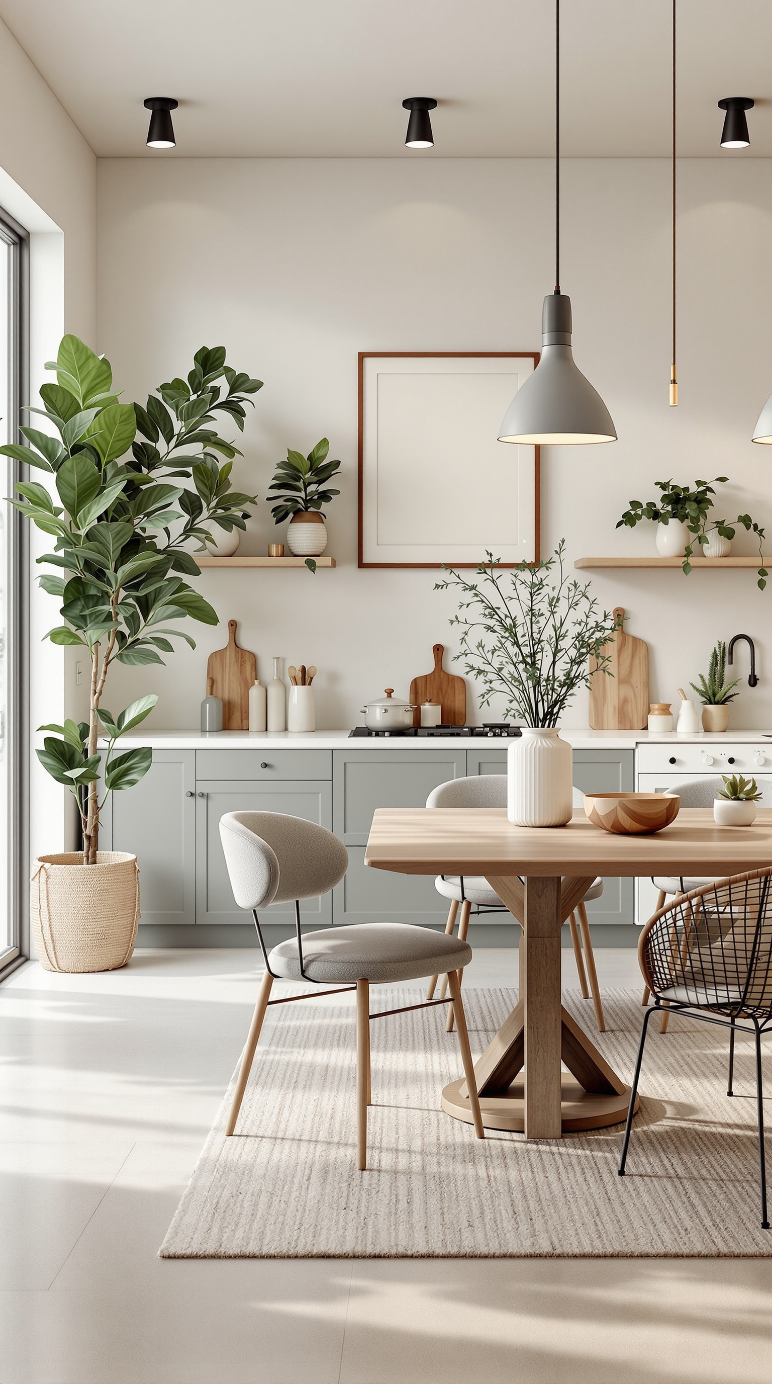A modern kitchen diner family room featuring natural materials, plants, and a cozy dining setup.