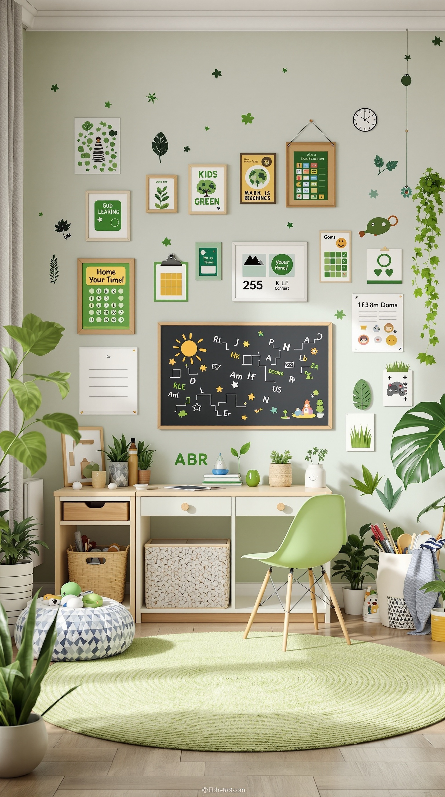 A green-themed kids room with educational posters, a chalkboard, plants, and cozy furniture.