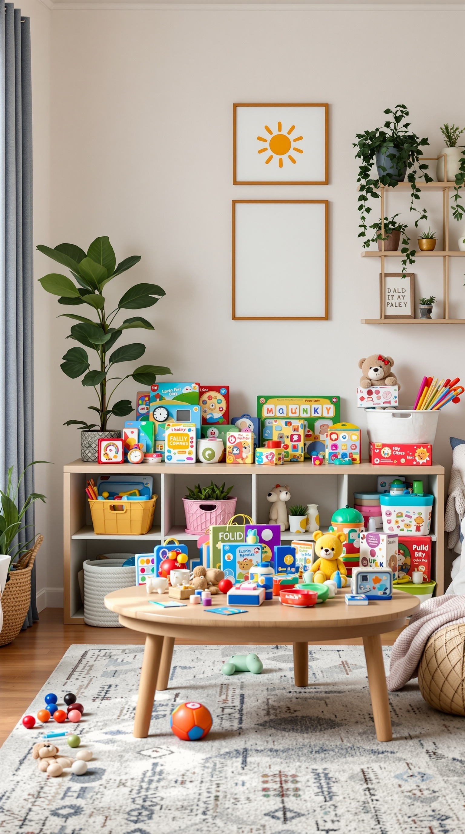 A family room playroom filled with educational toys and games, featuring a round table, colorful shelves, and a cozy atmosphere.