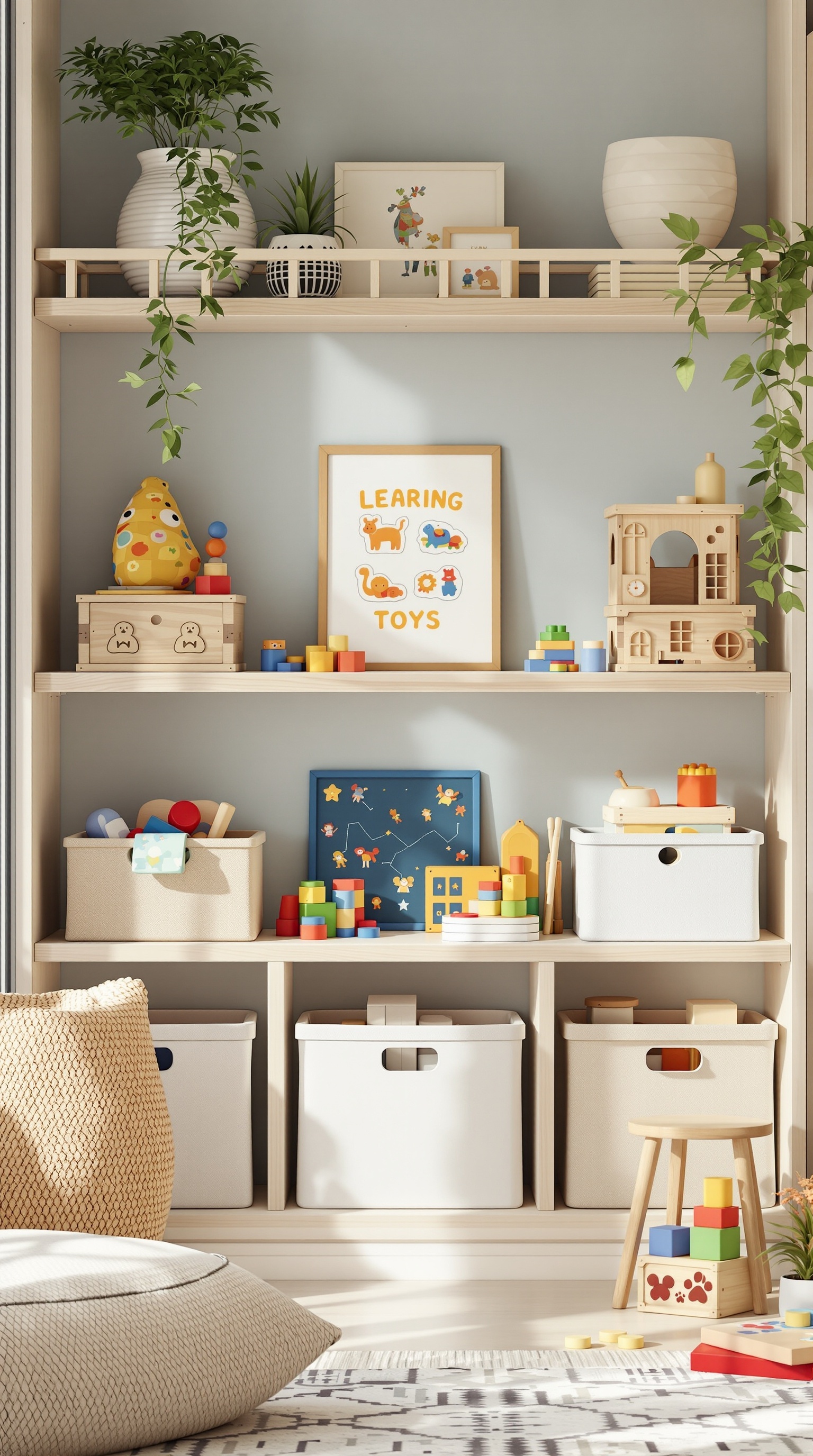 A colorful toy shelf with educational toys, storage bins, and decorative elements.