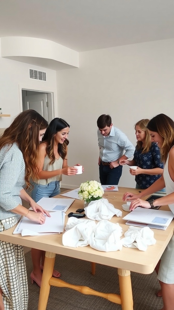 A group of friends gathered around a table working on wedding planning.