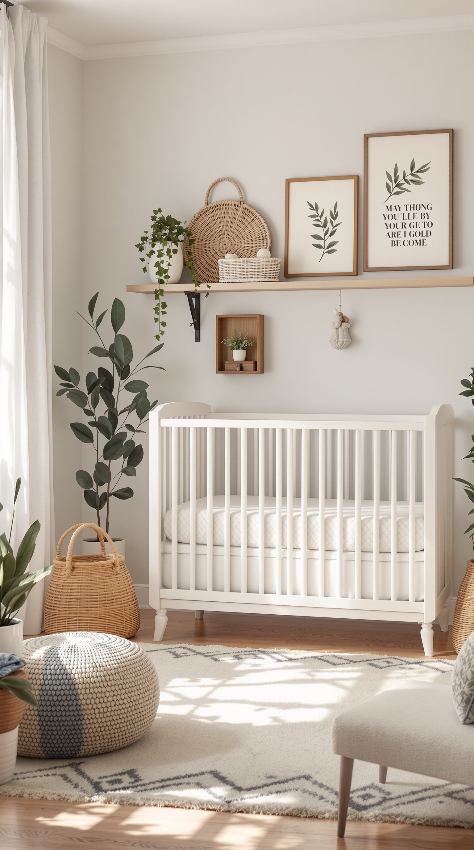 A cozy baby room featuring a white crib, plants, and family heirlooms on display.
