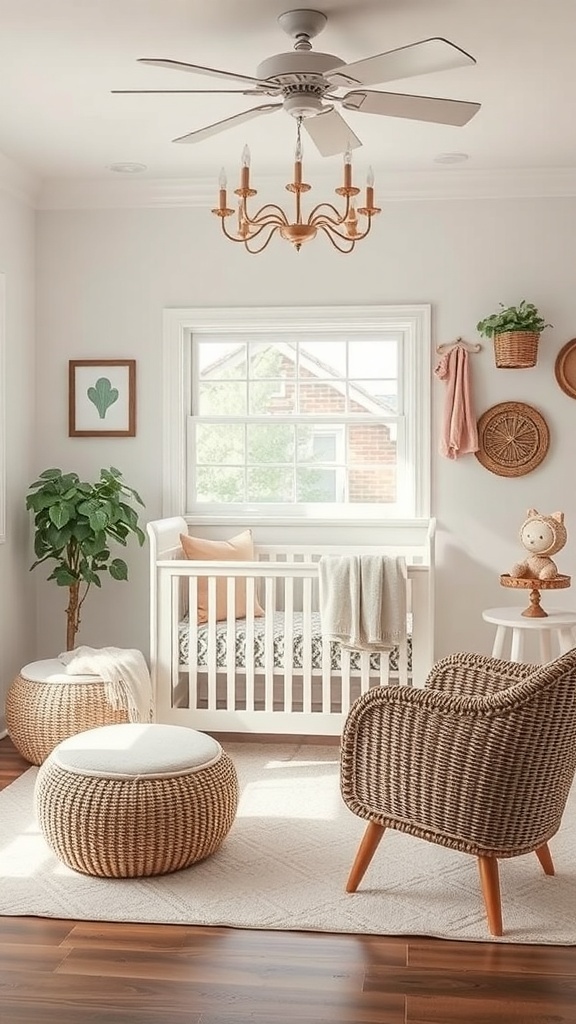 A cozy nursery featuring a crib, a comfortable chair, and decorative elements that include plants and wall art.