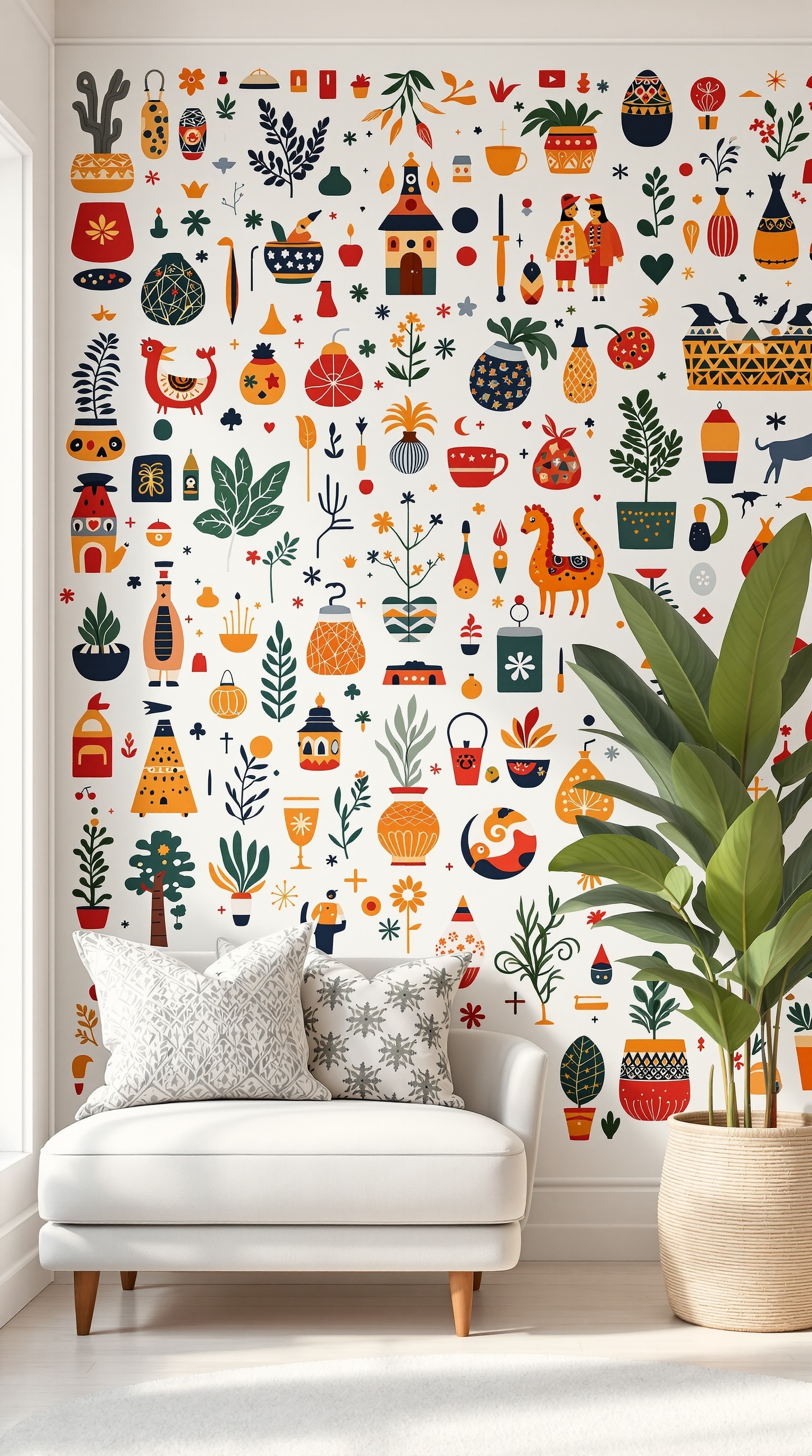 Colorful wallpaper featuring various plants, pots, and whimsical designs, with a cozy sofa and plant in the foreground.