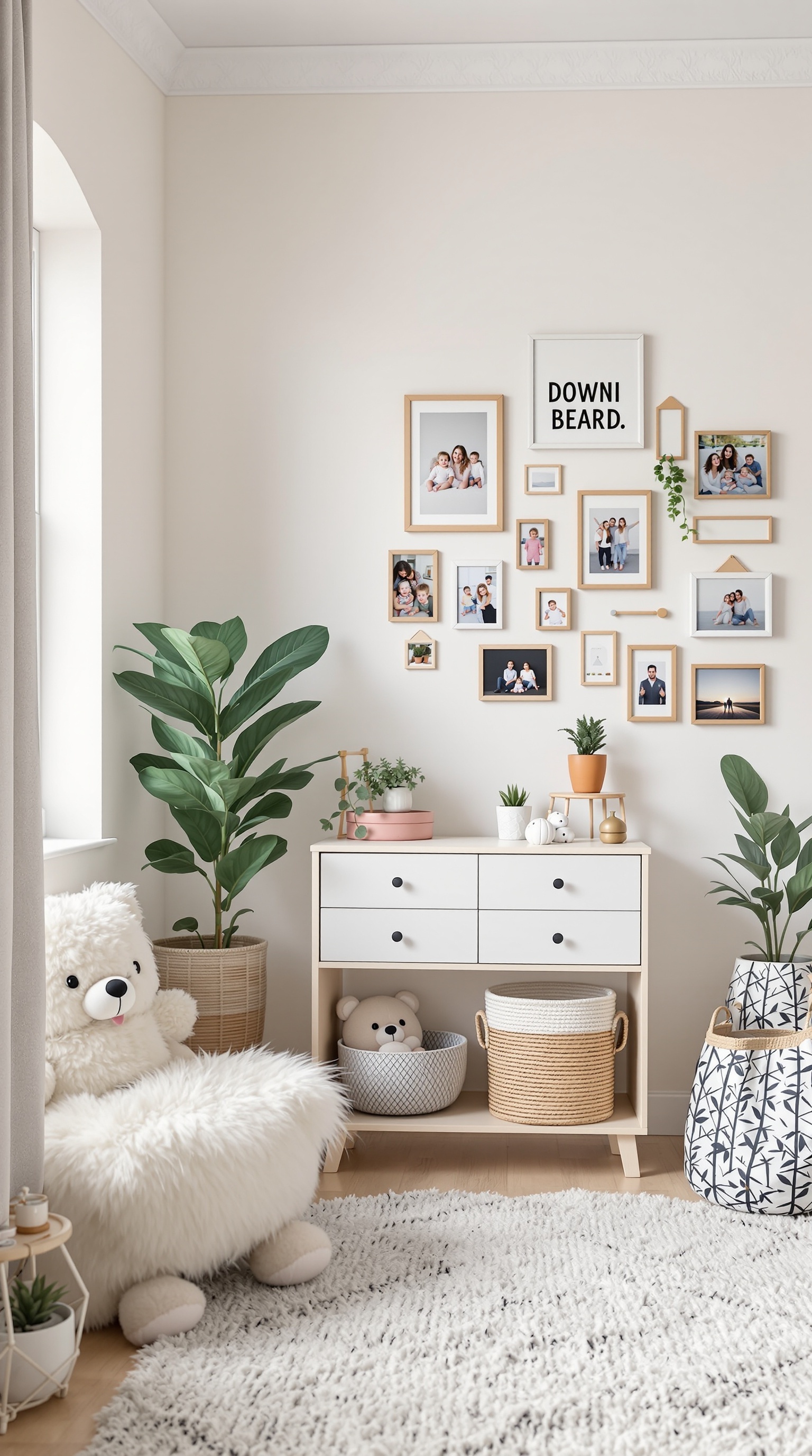 A cozy toddler room featuring a wall of family photos, a teddy bear chair, and plants.