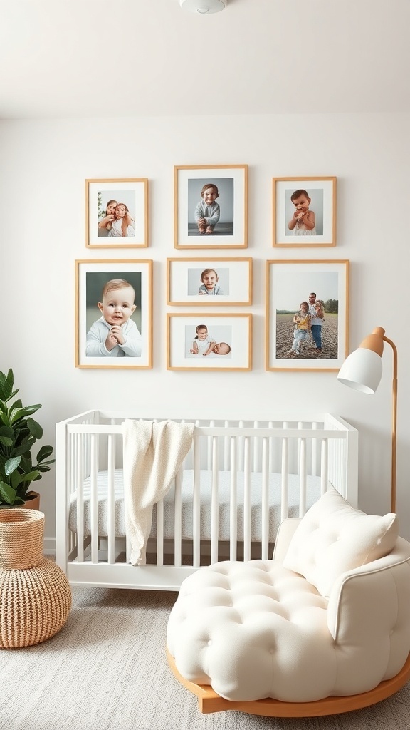 A nursery with family photos displayed on the wall above a crib, featuring a cozy chair and a plant.