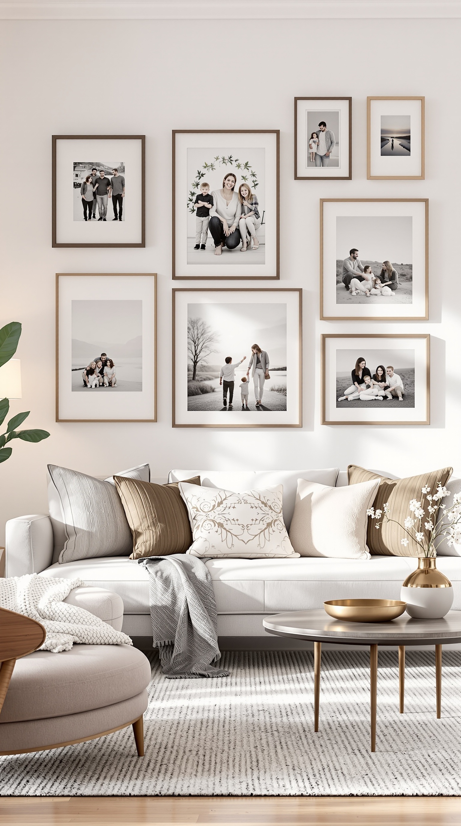 A cozy living room featuring a wall with framed family photos, a comfortable sofa, and stylish decor.