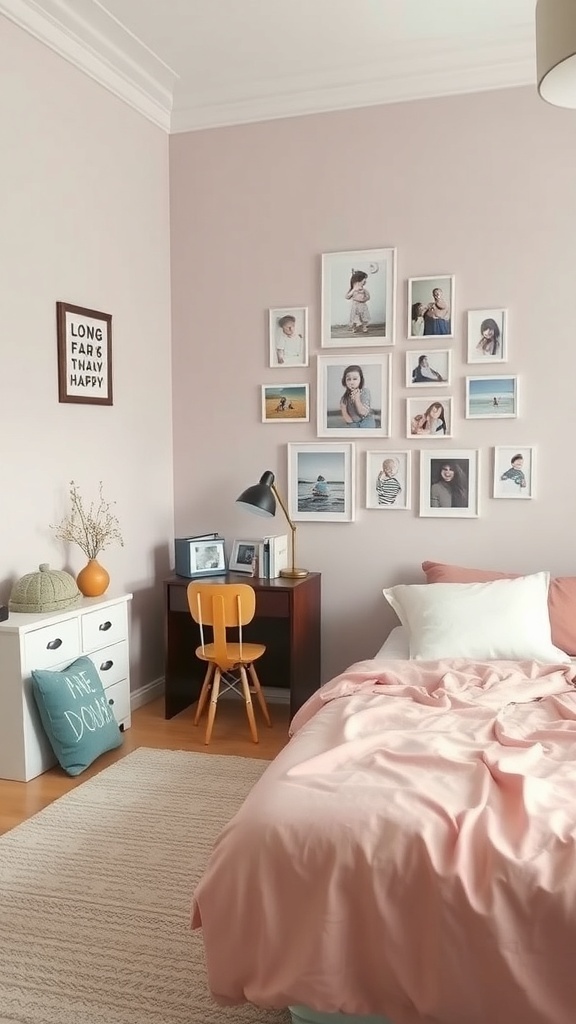 A cozy kids bedroom featuring a wall of family photos in frames, a pink bedspread, and a small desk with a lamp.