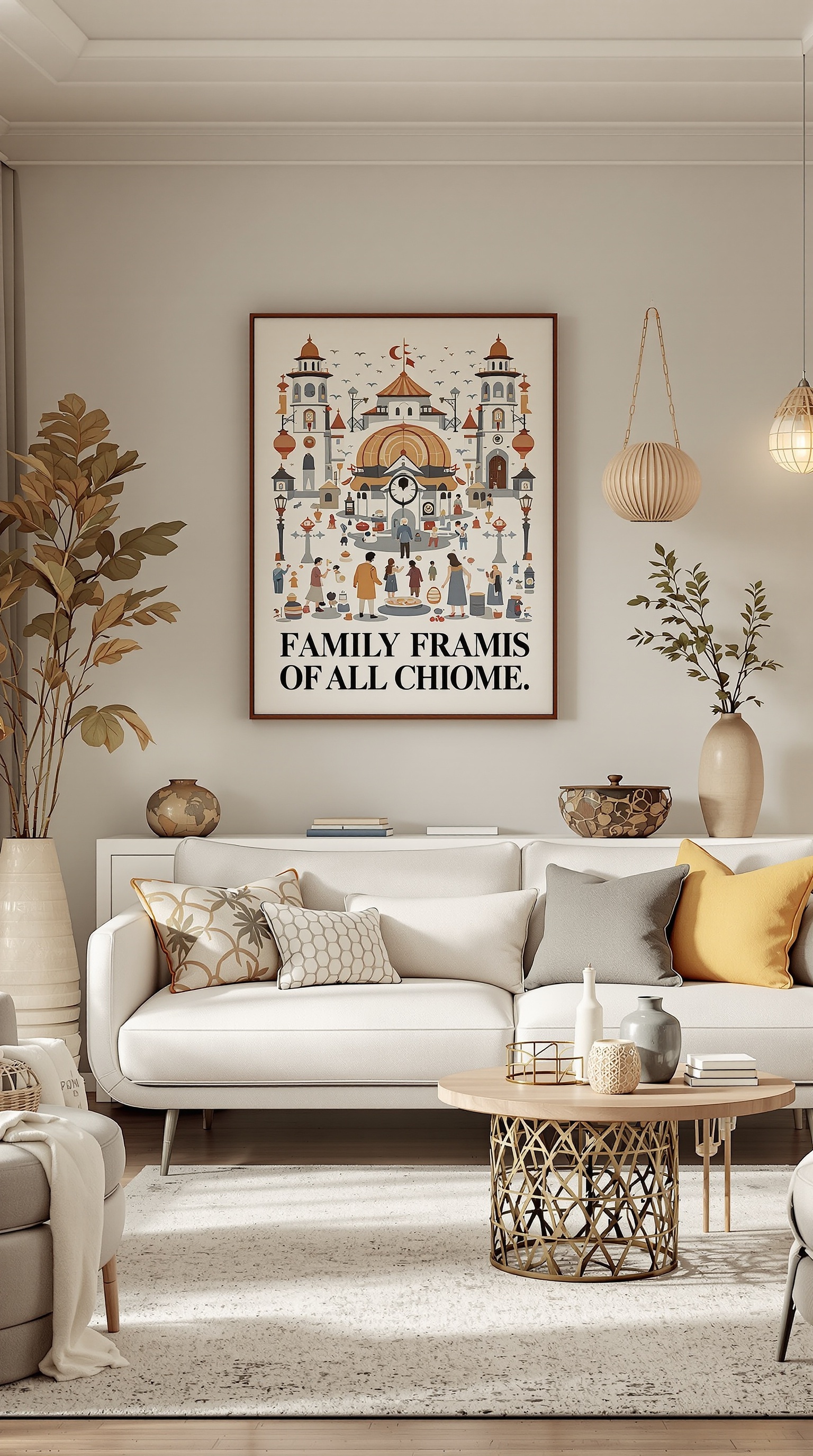 A cozy family room with a large colorful artwork depicting a lively scene, soft cushions, and decorative vases.