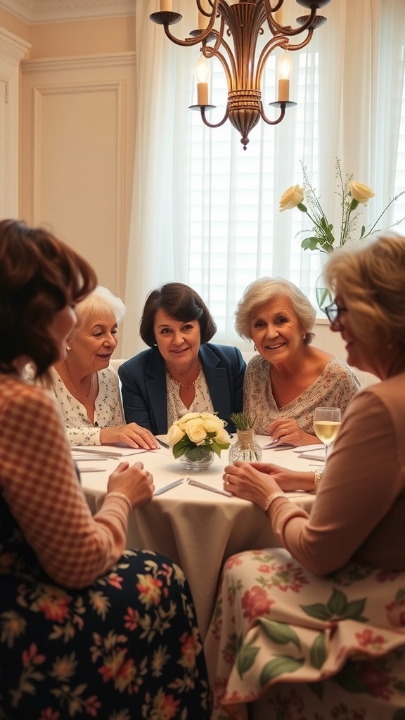 A group of women sharing moments and traditions around a table at a bridal shower.