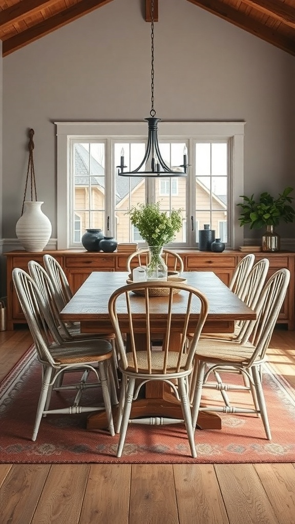 A rustic dining table surrounded by farmhouse chairs, featuring a warm and inviting atmosphere.