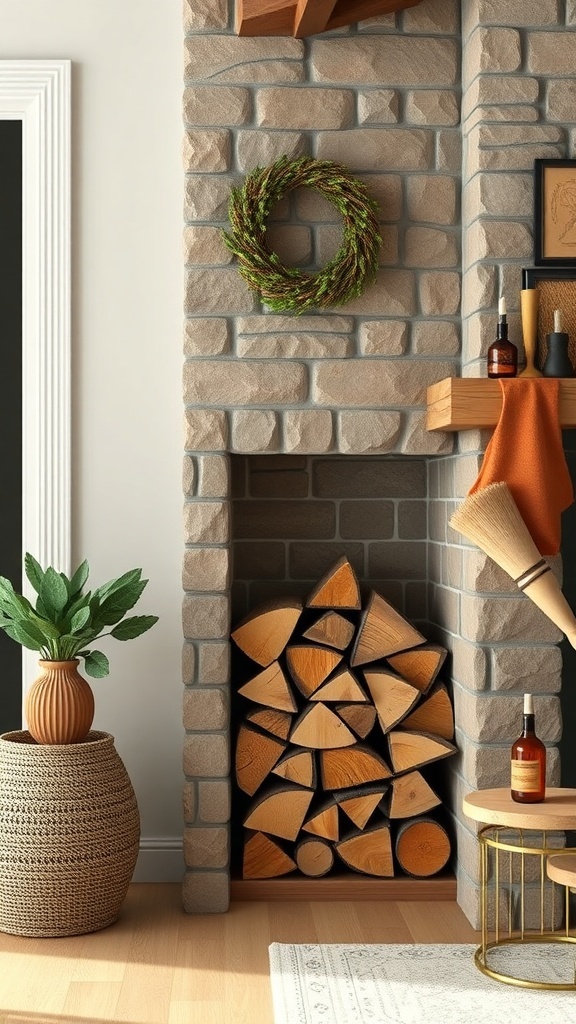 A rustic stone fireplace with neatly stacked firewood, a wreath on the wall, and a potted plant nearby.