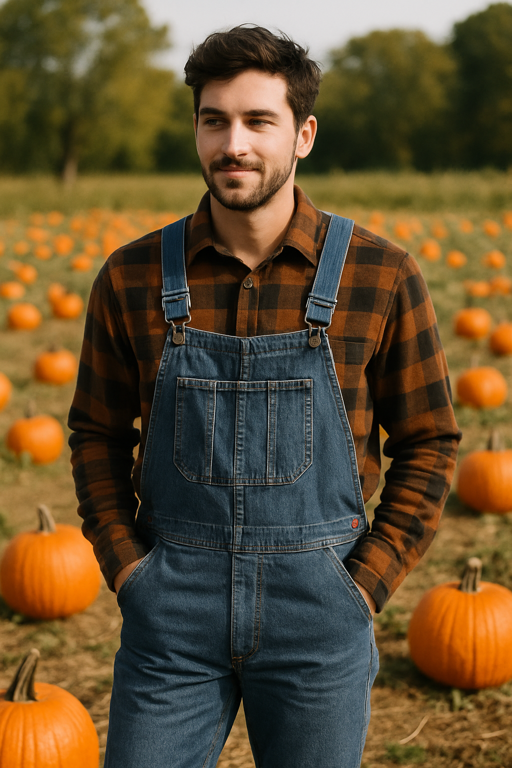 A man wearing denim overalls and a brown checkered flannel shirt in a pumpkin patch.