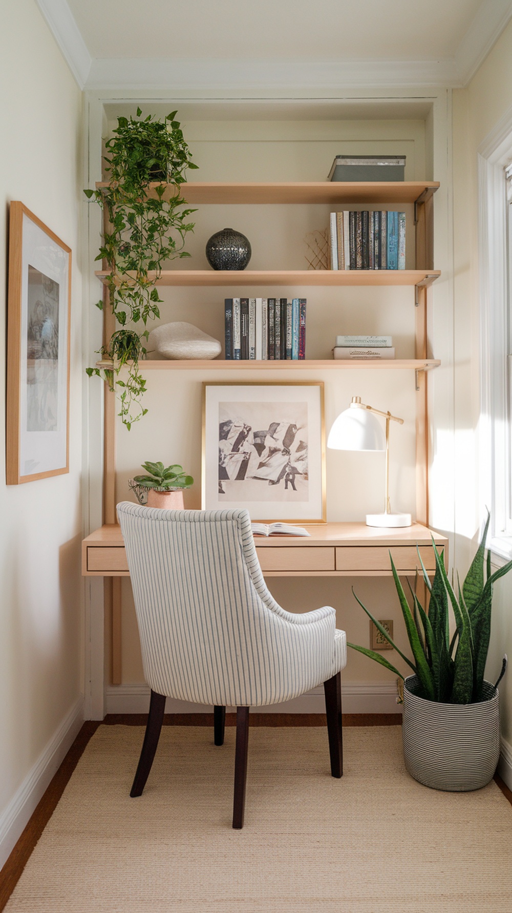 A small workspace featuring a floating desk with shelves above, a comfortable chair, and a plant.